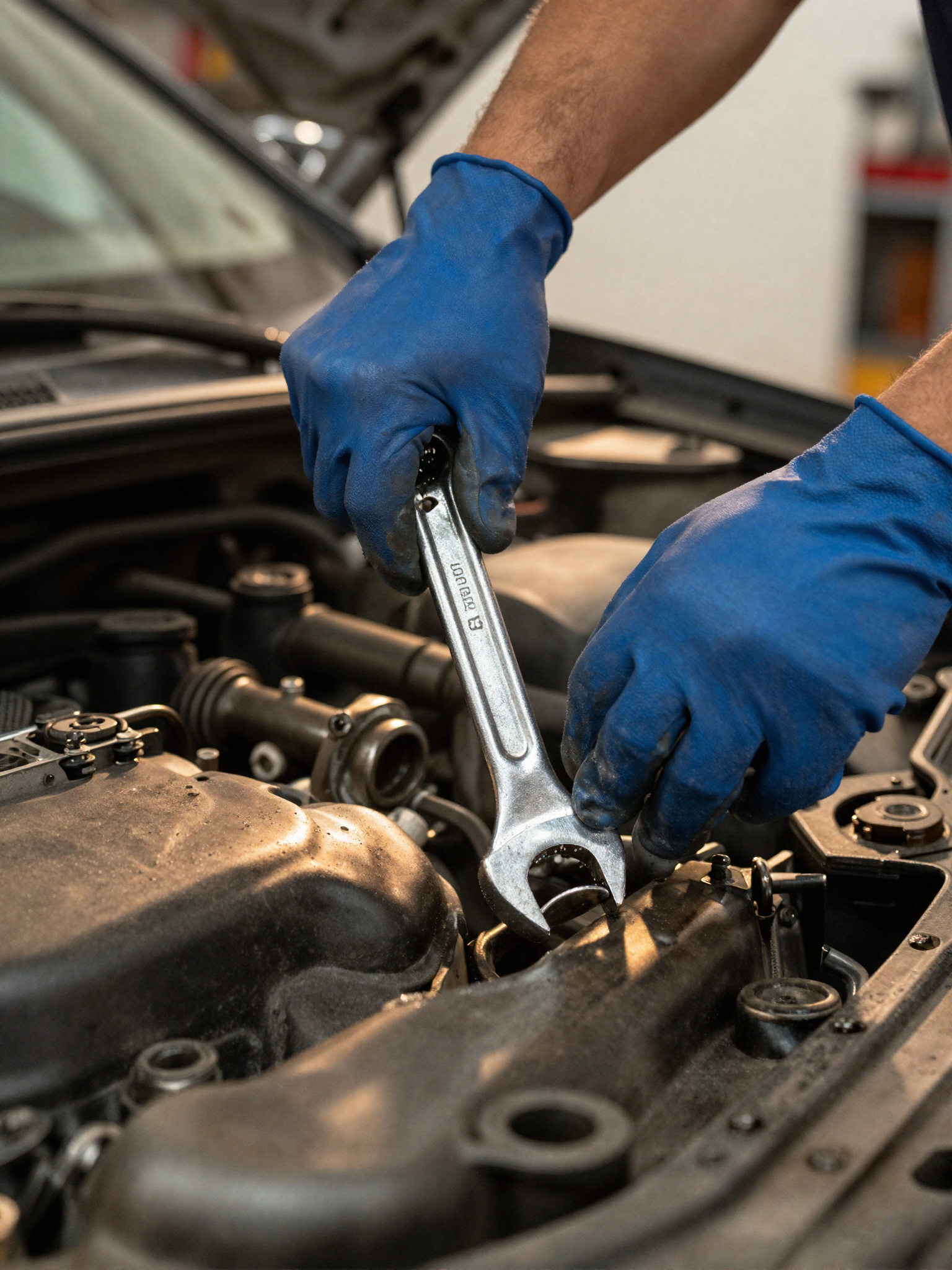 Mechaniker-Hände bei der Arbeit am Motor